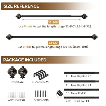 KAMANINA 1 Inch Curtain Rods for Windows 66 to 120 Inch, Black Drapery Rods - color: Black, size: 66-120"