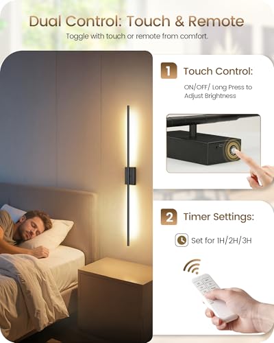 39.4" Wireless Wall Sconces Battery Operated Set of 2, Rechargeable Lamps with Remote, 360° Rotation, 10000mAh, Touch Dimmable Lights for Bedroom, Living Room, Hallway, Black B07YBP205 - color: Black, size: 39.4 Inches