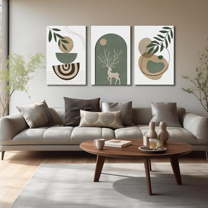Boho Sun Canvas Wall Art Set of 3, Neutral Abstract Minimalismt Bohemian Geometric & Botanical Plants Pictures Prints Artwork Paintings Wall Decor for Bedroom Living Room Home Decoration 24x36 inches
