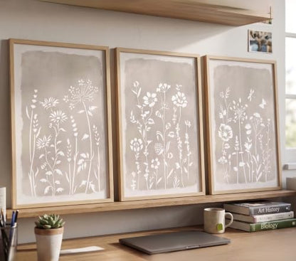 Neutral Floral Wall Art Set of 3, Brown Framed Botanical Canvas Prints - color: White flowers, size: 16x12
