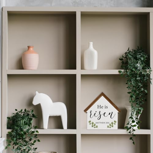 Easter Decor, He Is Risen House Shaped Wood Block Sign - color: He