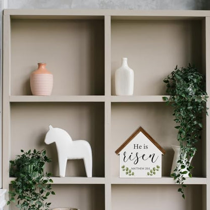 Easter Decor, He Is Risen House Shaped Wood Block Sign - color: He