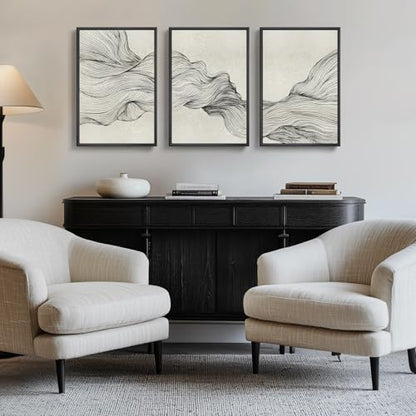 Framed Black and Beige Abstract Wall Art Set, 3 Piece Modern Canvas Prints - color: Flowing, size: 16" W x 24" H x 3Pcs