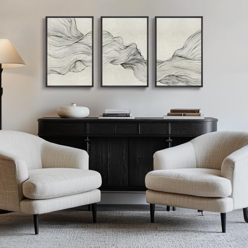 Framed Black and Beige Abstract Wall Art Set, 3 Piece Modern Canvas Prints - color: Flowing, size: 16" W x 24" H x 3Pcs