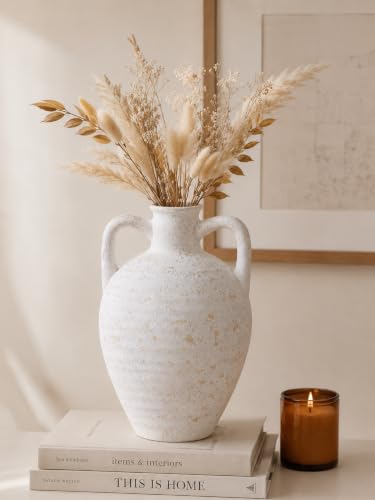 UPWOIGH 11.8in Ceramic Flower Vase with Handles - color: Off-white, size: 11.8''