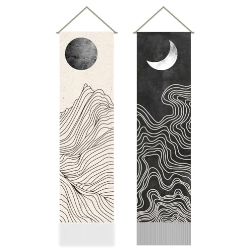 AHANDMAKER 2Pcs Boho Line Sun and Moon Tapestry, Black and White Sun Moon Long Vertical Tapestry Wall Hanging, Minimalist Abstract Tassel Wall Aesthetic Tapestry for Bedroom Living Room, 45.7x13Inch - color: Sun and Moon