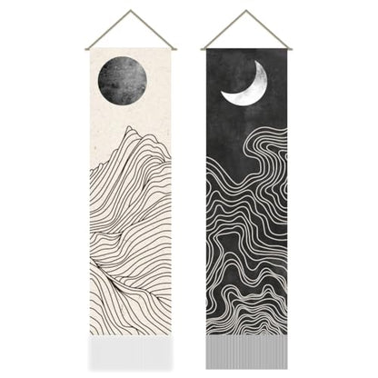 AHANDMAKER 2Pcs Boho Line Sun and Moon Tapestry, Black and White Sun Moon Long Vertical Tapestry Wall Hanging, Minimalist Abstract Tassel Wall Aesthetic Tapestry for Bedroom Living Room, 45.7x13Inch - color: Sun and Moon