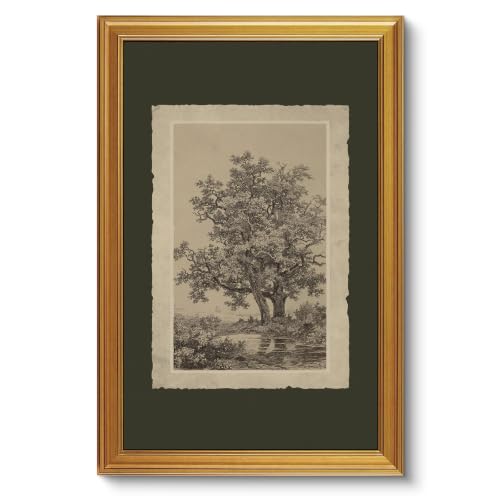 VIYYIEA Large Vintage Gold Framed Wall Art, Oak Tree Forest Landscape Art - color: A Tree by the Lake, size: 36"L x 24"W
