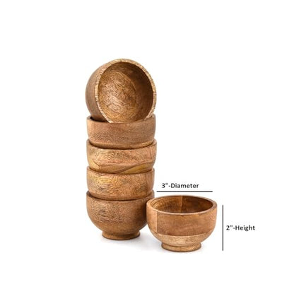 Bowl Set Mango Wood Round Wooden Serving Bowls for Dips, Sauces, Nuts, Spices - Mini Decorative Dishes (3" x 3" x 2") (Set of 6)