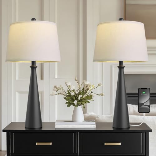 Oneach 25.75" Modern Table Lamp for Bedroom Set of 2, USB C Port, Black - color: Satin Black