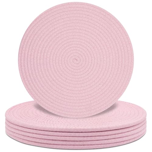 Round Placemats Set of 6, Cotton Rope Woven Table Mats, Hot Pads for Kitchen, Non Slip Heat Resistant Place Mats, 13 Inches Braided Placemat for Farmhouse Decor and Kitchen Table Decor (Pink) - color: Pink