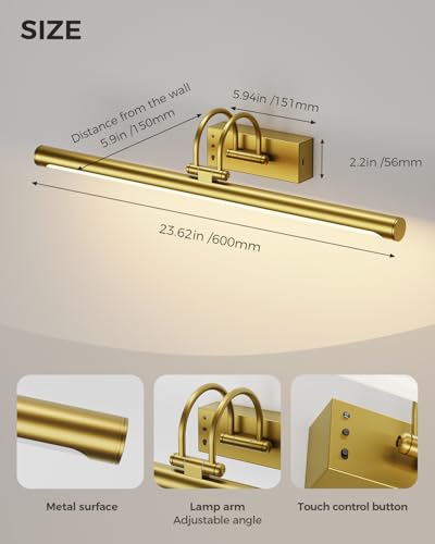 23.6″ Wireless Rechargeable Picture Light with Remote, Large Battery Operated Wall Light for Paintings & Art, Dimmable LED Gallery Lamp with Timer, Adjustable Metal Design, Electroplated Gold Finish - color: Battery Operated-Brass, size: 23.6 Inch