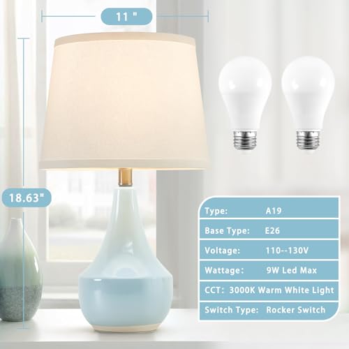 GyroVu 18" Table Lamp Set of 2, Ceramic Lamp Classic Beside Lamps Nightstand Lamp Modern Cute Lamp for Living Room, Bedroom & Office Rocker Switch Sky Blue-LED Bulbs Included - color: 18.63" Blue