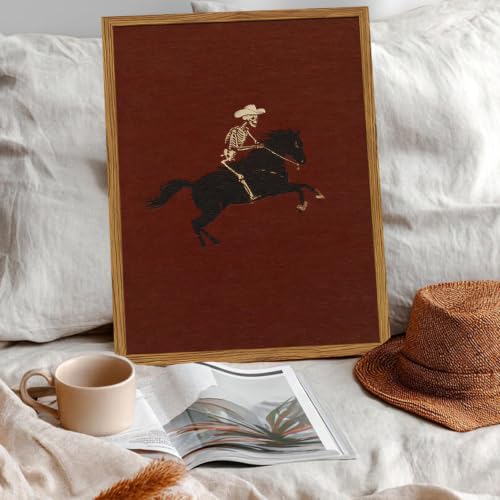 Framed Vintage Western Cowboy Wall Art, Gothic Skeleton Riding Horse Pictures Wall Decor, Southwestern Black Bronco Rider Paintings Canvas Prints Dark Home Decor for Living Room Bedroom 16x24 inch - color: Skeleton, size: 24"L x 16"W