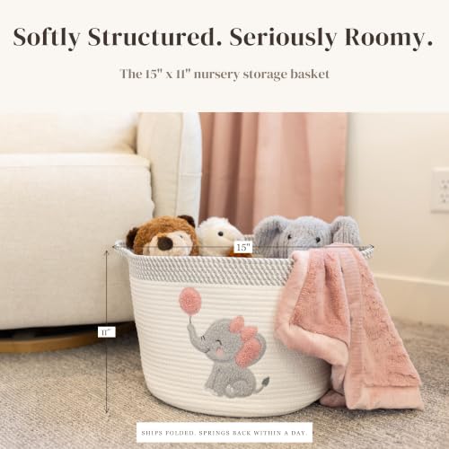 Elephant Baby Storage Basket for Girls, Cotton Rope Nursery Bin, 15x11 in - color: Girl Elephant