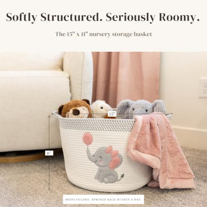 Elephant Baby Storage Basket for Girls, Cotton Rope Nursery Bin, 15x11 in - color: Girl Elephant