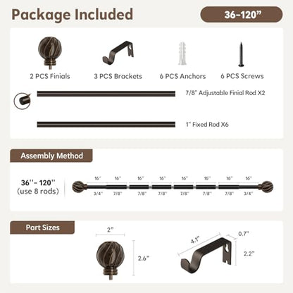 Brown Curtain Rods for Windows 66 to 120 Inch 7/8" Diameter Long - color: Brown, size: 36"-120"|1 Pack