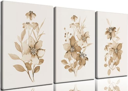 Neutral Botanical Canvas Wall Art Set of 3, Beige Floral Prints, 16x24 - color: monochrome flowers and plants, size: 16x24 inch