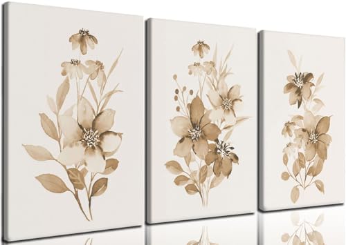 Neutral Botanical Canvas Wall Art Set of 3, Beige Floral Prints, 12x16 - color: monochrome flowers and plants, size: 12x16 inch