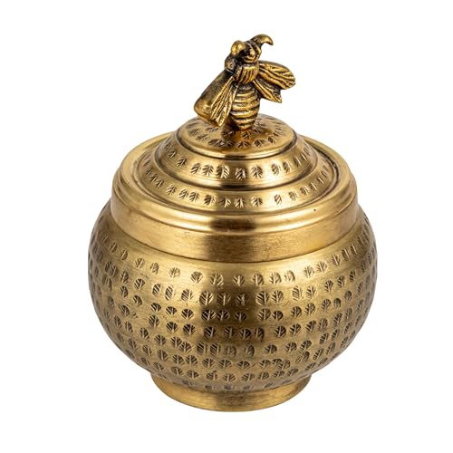 Creative Co-Op Round Hammered Metal Container with Bee Finial, Brass Finish - size: 6 inches (Diameter) x 7 inches (Height), style: Bee