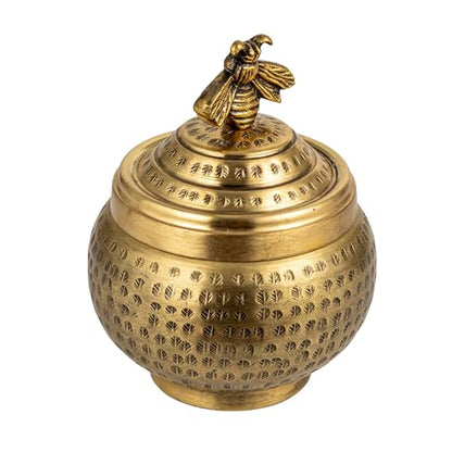 Creative Co-Op Round Hammered Metal Container with Bee Finial, Brass Finish - size: 6 inches (Diameter) x 7 inches (Height), style: Bee