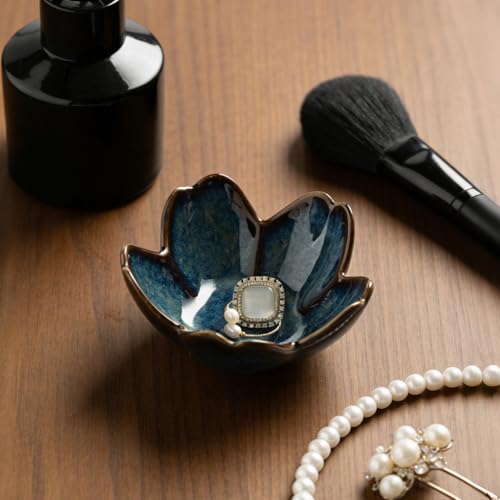 Mecaikru Ceramic Jewelry Tray, 3.5 in Flower Ring Dish with Gift Box & Card - color: blue