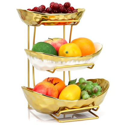 Fruit Bowl for Kitchen Counter, 3 Tier Gold Trim Ceramic Fruit Stand Basket for Countertop, Fruiti and Vegetable Rack with Thickened Metal Holder, Vegetable Dessert Nuts Storage (Gold) - color: Gold