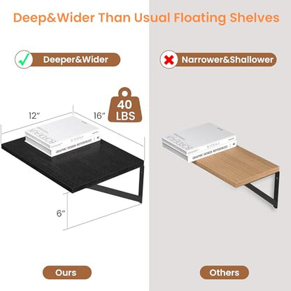 Heimlove 16W x 12D Deep Floating Shelves Set of 2 Black - color: Black With Black Metal Bracket, size: 16Wx12Dx5.8H