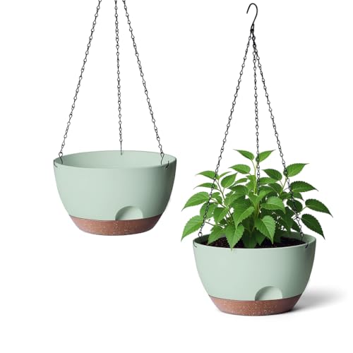 Hanging Planter for Indoor Plants, 10 Inch Self-Watering Hanging Planters with Drainage Holes and Chain, Set of 2 Outdoor Hanging Pots for Garden Home - color: Green, size: 10 inch