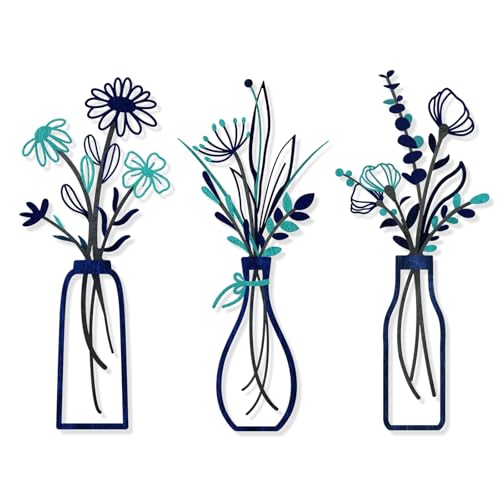 Pigort 3 Pieces Metal Flowers Wall Arts - Rustic Farmhouse Style Décor Metal Wall Art Black Minimalist Flower Natural Themed Wall Decors for Home Bedroom Dining Room Housewarming (Blue) - color: Blue