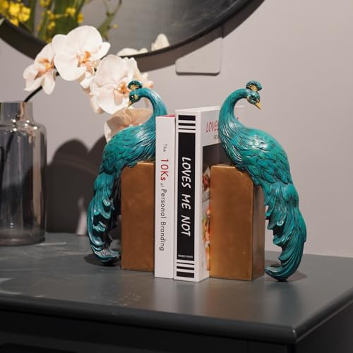 Heavy Duty Bookends Home Decor - Set of 2 Resin Peacock Non-Skid Decorative Bookends Bird Bookends Modern Peacock Statue Decor for Bookshelves Office Desk Living Room 6 * 2.5 * 12 Inch Braxio