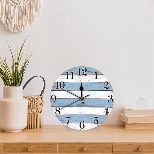 Coastal Country Wooden Wall Clock Battery Operated 10 in Round Wall Clocks Slilent Non Ticking Quartz Analog Clock for Bedroom Kids Living Room Classroom Decor - color: White Blue Wooden Texture
