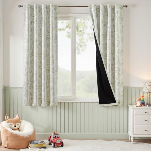 jinchan Green Blackout Curtains W38xL63 Woodland Back Tab 2 Panels - color: Sage Green on Beige, size: 38"W x 63"L (Pack of 2)