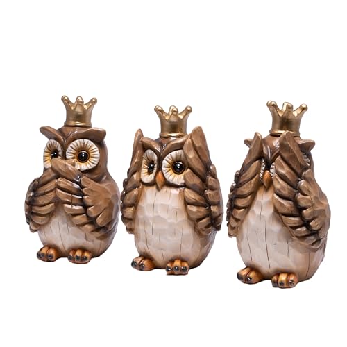 Hodao See No Evil Owl Figurines 3PCS, Crown Owl Decor, Home & Office Accent - color: Three Wise Owl