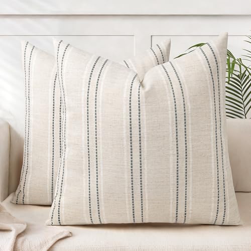 AELS 24x24 Decorative Farmhouse Linen Throw Pillow Covers, Boho Textured Pillow Case, Set of 2, Beige with White & Gray Stitch Yarn Dyed Stripe Cushion Cover for Sofa Couch Living Room (Cover ONLY) - color: Beige With White & Gray, size: 24" x 24" (Pack o