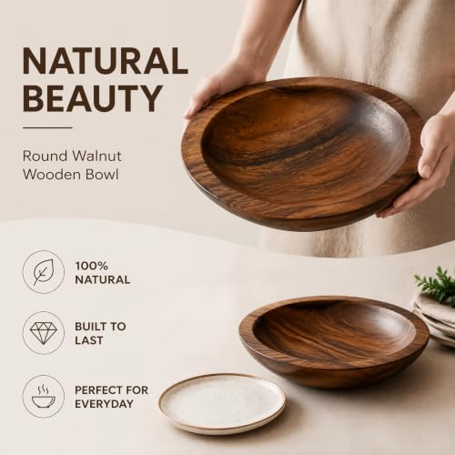 ZENFUN Wooden Decorative Bowl, Walnut Tray Dish Kitchen Dining for Fruit and Salad, Round Hand Crafted Walnutwood Serving Bowl, Home Decor Wood Bowls 10.8" Diameter x 2.6" Height, Seamless