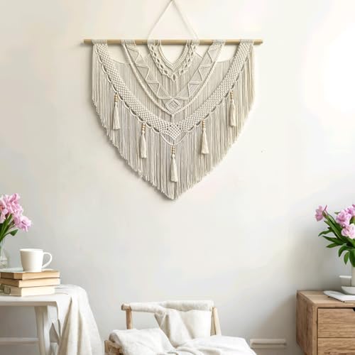 guzhiou Large Macrame Wall Hanging, Boho Woven Tapestry Decor Art, 43"x40" - color: Bead Fringe