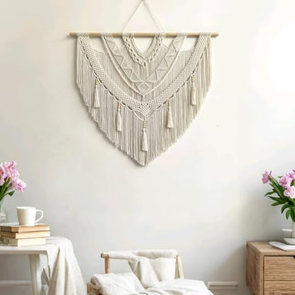 guzhiou Large Macrame Wall Hanging, Boho Woven Tapestry Decor Art, 43"x40" - color: Bead Fringe