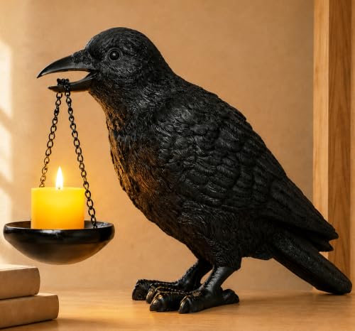 Gothic Crow Lamp with Tealight Candle Holder Raven Statue Halloween Decor Black Bird Decorations Indoor Gothic Home Decor for Living Room Tabletop Shelf Bedroom Unique Goth Witchy Gifts - size: Raven