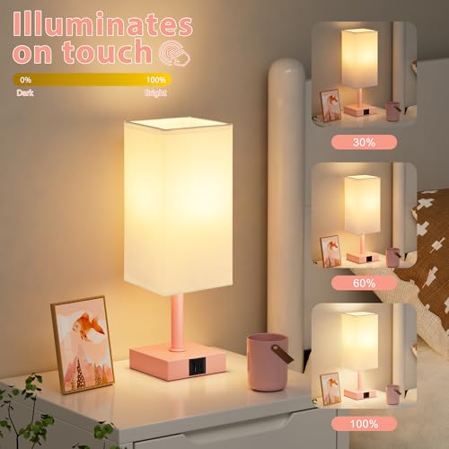 Touch Table Lamp for Bedroom - Dimmable, USB C+A, White Lamphade Pink Base - color: White & Pink