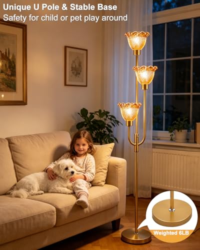 Glass Floor Lamp 66IN 3-Light Modern Amber Glass Gold Dimmable Floor Lamps - color: Amber Flower-Gold
