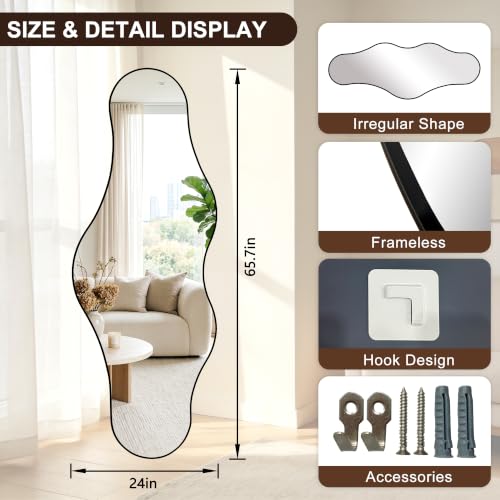 65.7"x24" Irregular Full Length Mirror, Abstract Wall Mirror - color: Black Odd Shape
