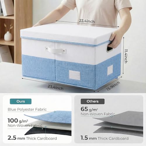 PRANDOM Storage Bins with Lids [3-Pack] Linen Fabric Foldable Storage Boxes Organizer Containers Baskets Cube with Cover for Bedroom Closet Office White&Blue (23.4X15.9X11.4)