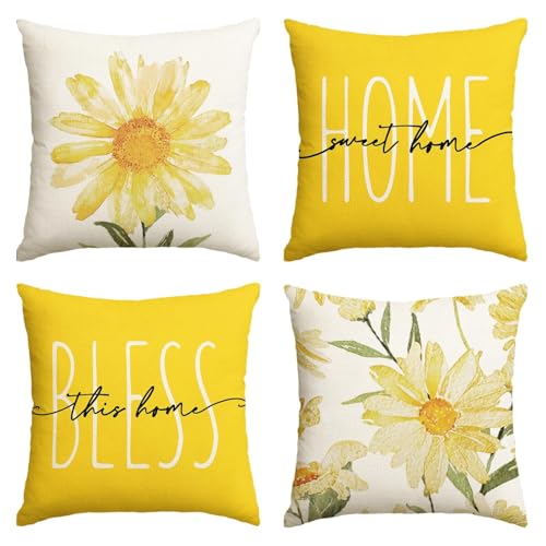 AVOIN colorlife Home Sweet Home Spring Summer Flowers Yellow Throw Pillow Covers, 18 x 18 Inch Cushion Case for Sofa Couch Set of 4 - color: Yellow, size: 18" x 18" (Pack of 4)