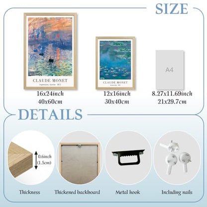LLEEMPI Claude Monet Water Lilies Wall Art Set of 3, 12x16 Framed Prints - color: MonetWaterLily(Wood), size: 16"L x 12"W