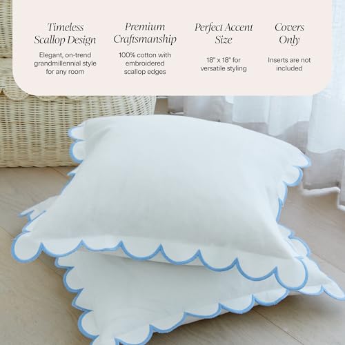 BEBE BASK Scalloped Pillow Cover Set of 2, 18x18, 100% Cotton - White/Blue - color: White/Blue