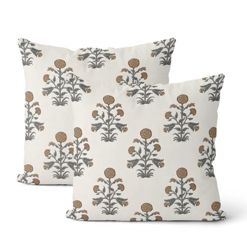 CXMEIFLY Brown Grey Vintage Pillow Covers 20 x 20 Inch Set of 2 Boho Brown Gray Floral Outdoor Decor Throw Pillows Neutral Block Print Flower Linen Farmhouse Decorative Pillowcases for Couch Bed Sofa - color: Brown Grey, size: 20" x 20" (Pack of 2)