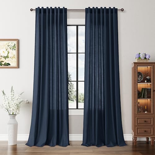BOODII Linen Curtains 102 Inch Long for Living Room Navy Blue 2 Panels - color: Navy Blue, size: 52"W x 102"L (Pack of 2)