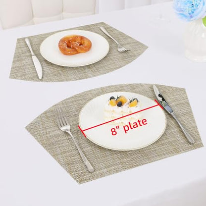 SHACOS Wedge Placemats Set of 4 for Small Round Table Woven Vinyl Curved Placemats Wipe Clean Circle Table Mats Indoor Outdoor, Beige - color: Linen Beige