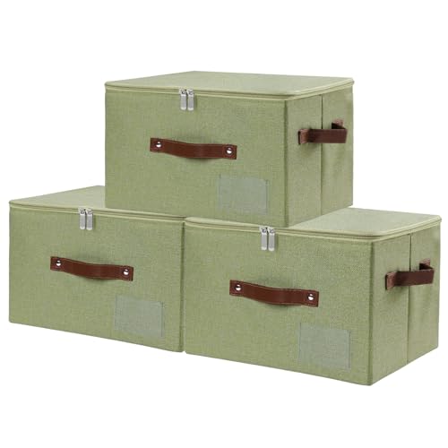 ANMINY Storage Box Fabric Bins with Zipper Lid, 15"x10"x10" Green 3PCS - color: Green, size: Medium (Pack of 3）